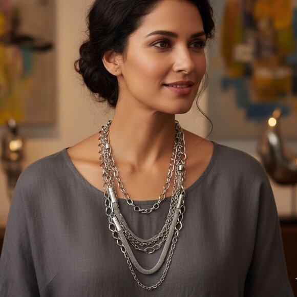 Chico's Jewelry - Chico's Multi-Chain Layered Statement Necklace | Silver Tone Mixed Textures